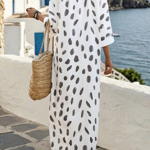 Apricot Bohemian Women's V-Neck Floral Print 3/4 Sleeve Kaftan Dress Cover Up - Picture 2 of 7